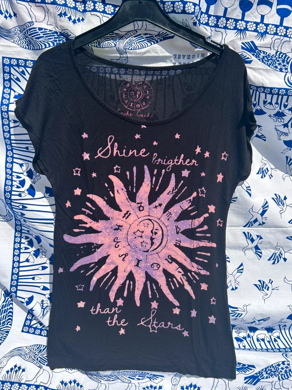 T shirt noir et violet XS 34 cache cache viscose bon état femme